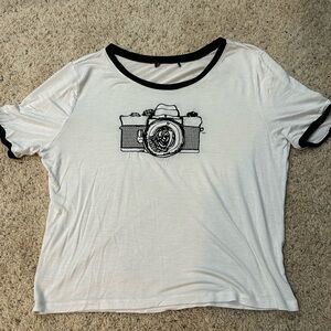 Super Cute and Soft Black and White Camera Embroidered Cropped T Shirt Size M